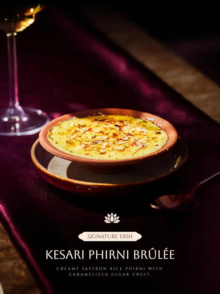 Kesari Phirni Brûlée signature dish post: saffron phirni in a clay bowl on purple velvet