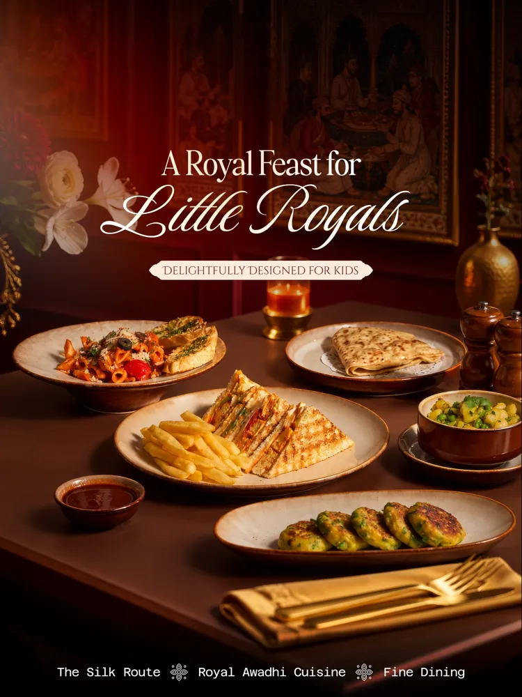 A Royal Feast for Little Royals kids' menu post: pasta, sandwich, fries and tikkis on a table